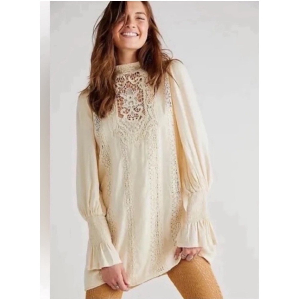 FREE PEOPLE  FP ONE VIENNA VICTORIANA VINTAGE BELL SLEEVE LACE MINI DRESS SIZE S